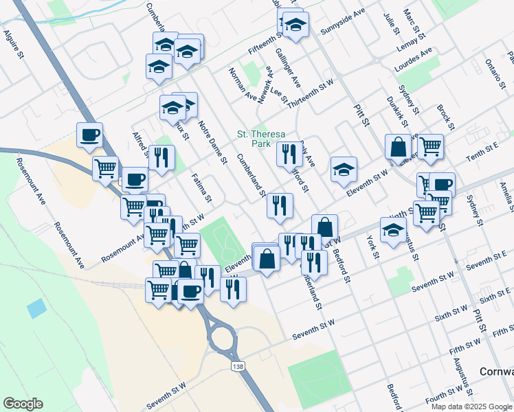 map of restaurants, bars, coffee shops, grocery stores, and more near in Cornwall