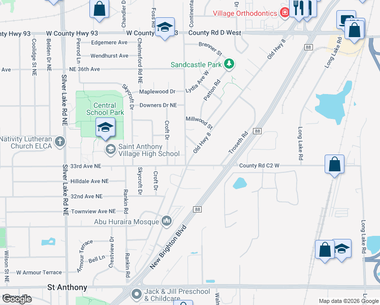 map of restaurants, bars, coffee shops, grocery stores, and more near 2906 Old Highway 8 in Roseville