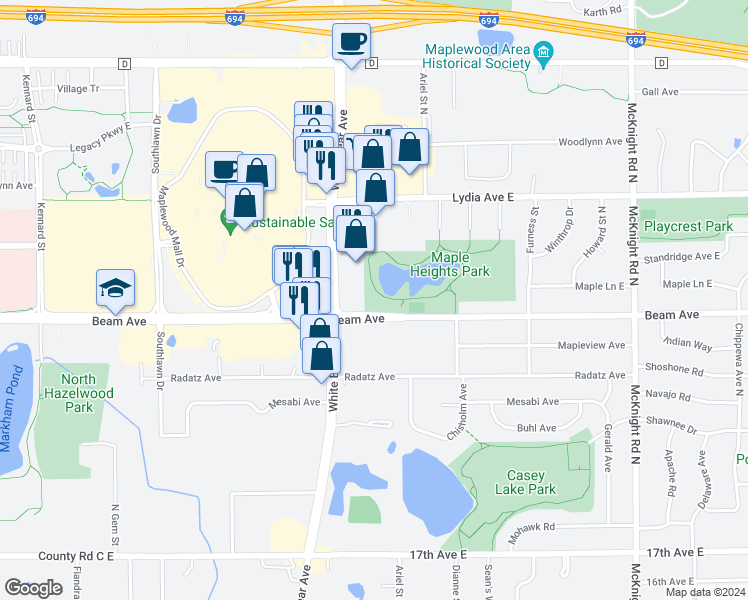 map of restaurants, bars, coffee shops, grocery stores, and more near 2001 Beam Avenue in Maplewood