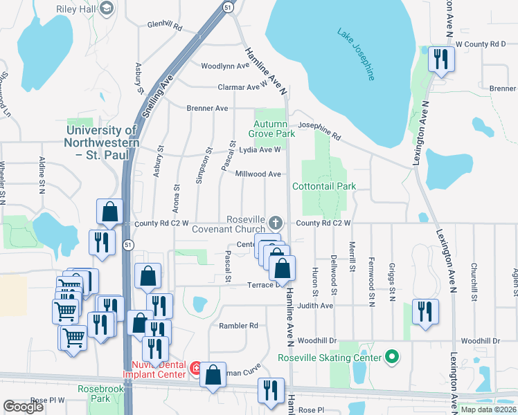 map of restaurants, bars, coffee shops, grocery stores, and more near 2903 Sheldon Street in Roseville