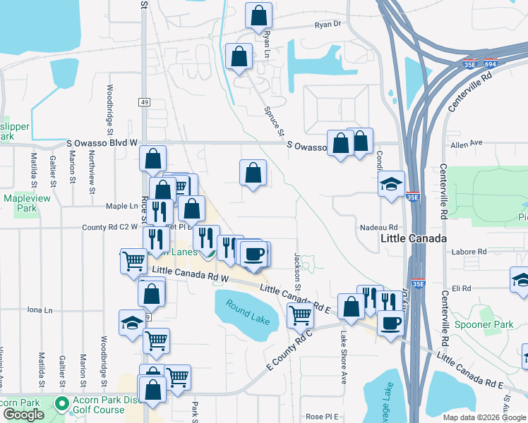 map of restaurants, bars, coffee shops, grocery stores, and more near 59 Maple Lane in Little Canada