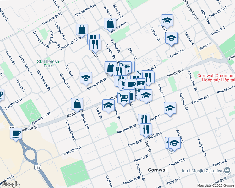 map of restaurants, bars, coffee shops, grocery stores, and more near 71 Ninth Street West in Cornwall