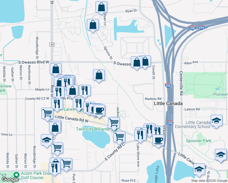 map of restaurants, bars, coffee shops, grocery stores, and more near 91 Maple Lane in Little Canada