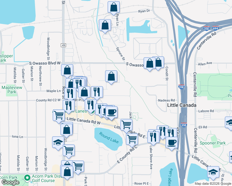 map of restaurants, bars, coffee shops, grocery stores, and more near 59 Maple Lane in Little Canada