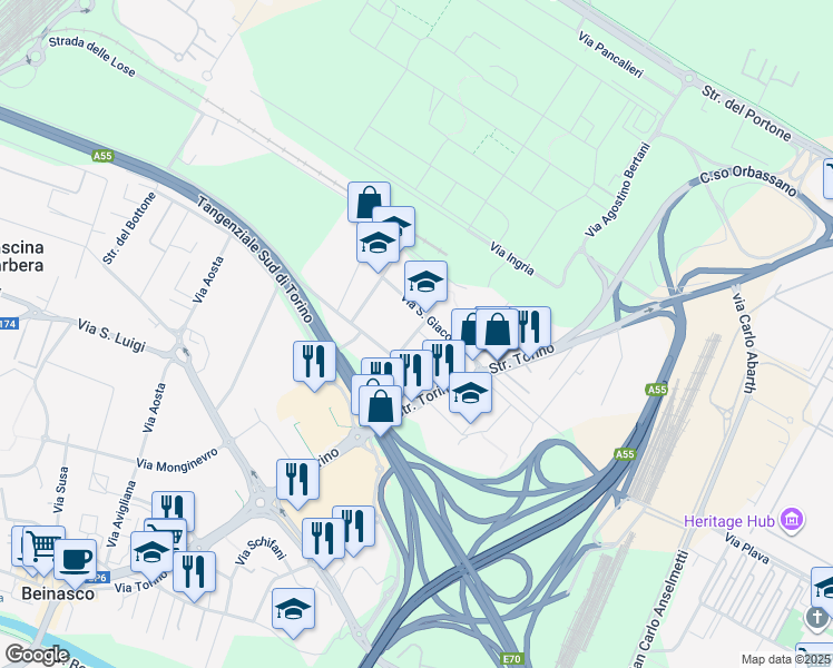 map of restaurants, bars, coffee shops, grocery stores, and more near Via Giacomo Puccini in Beinasco