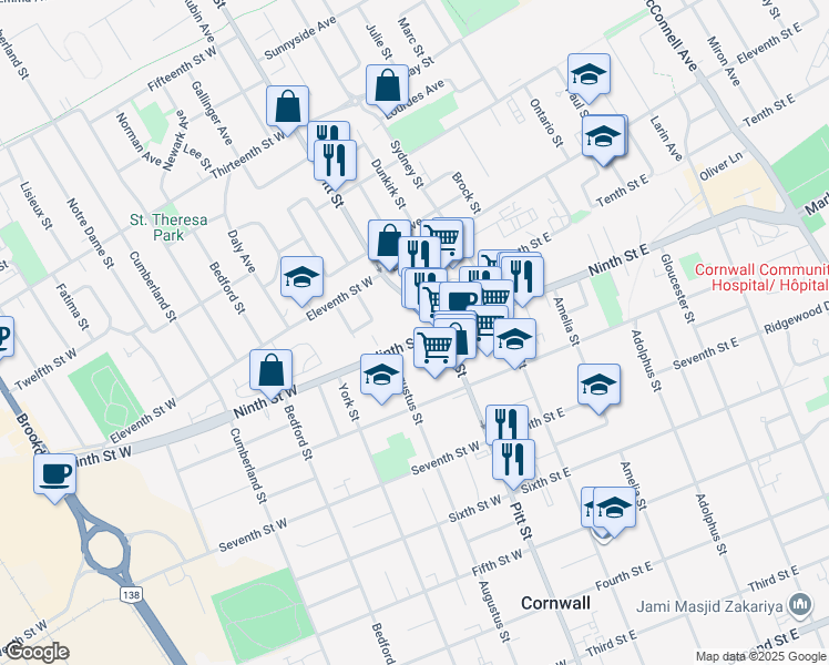 map of restaurants, bars, coffee shops, grocery stores, and more near 71 Ninth Street West in Cornwall