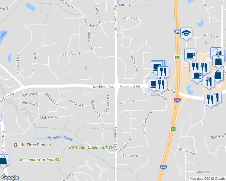 map of restaurants, bars, coffee shops, grocery stores, and more near 14300 40th Place North in Minneapolis