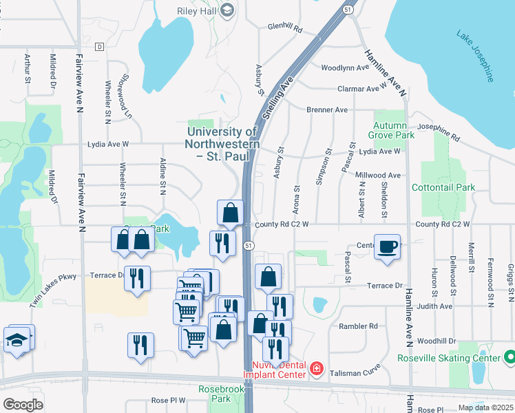 map of restaurants, bars, coffee shops, grocery stores, and more near in Roseville