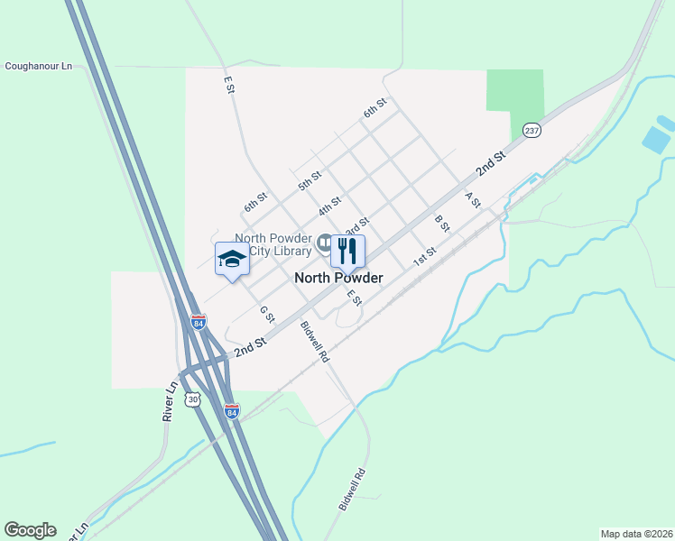 map of restaurants, bars, coffee shops, grocery stores, and more near 230 E Street in North Powder