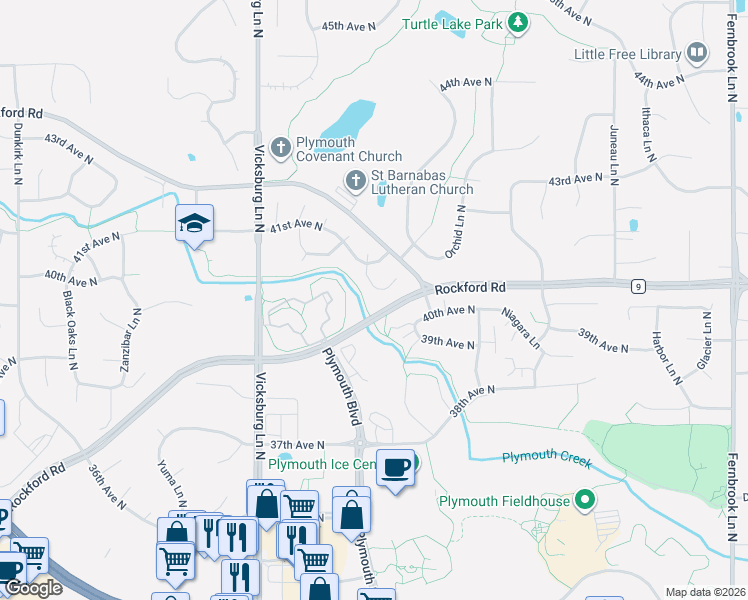 map of restaurants, bars, coffee shops, grocery stores, and more near 4065 Quantico Lane North in Plymouth