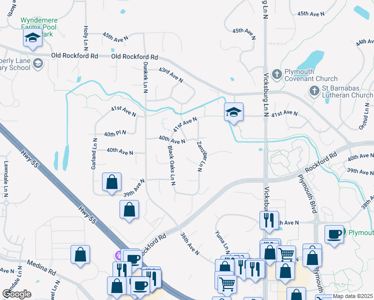 map of restaurants, bars, coffee shops, grocery stores, and more near 16430 39th Place North in Minneapolis