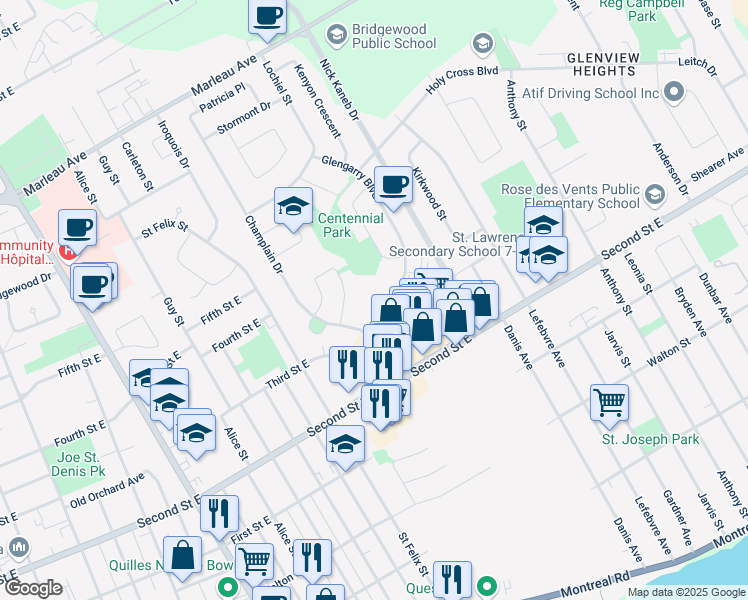 map of restaurants, bars, coffee shops, grocery stores, and more near 625 Glengarry Boulevard in Cornwall