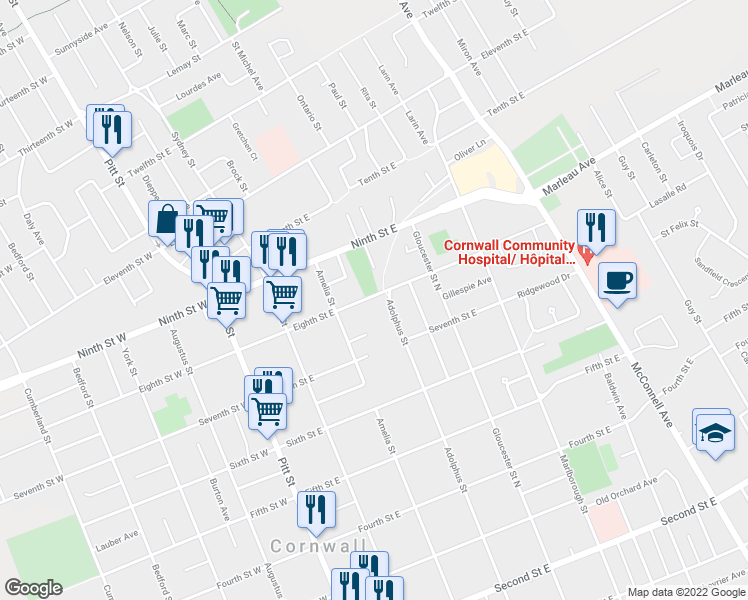 map of restaurants, bars, coffee shops, grocery stores, and more near 242 Eighth Street East in Cornwall