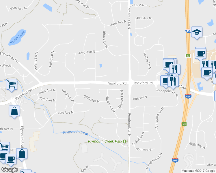 map of restaurants, bars, coffee shops, grocery stores, and more near 14530 40th Place North in Minneapolis