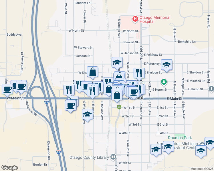 map of restaurants, bars, coffee shops, grocery stores, and more near 127 North Indiana Avenue in Gaylord