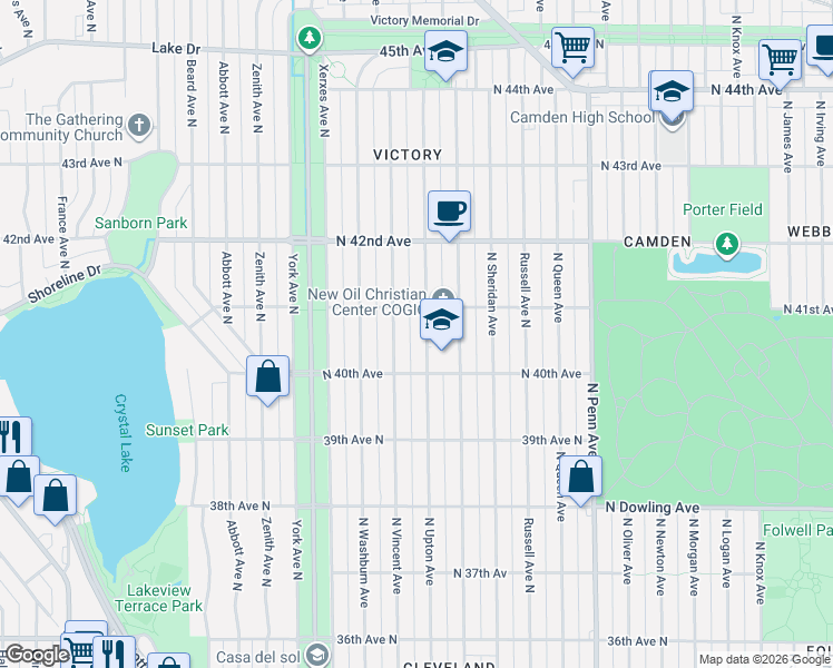 map of restaurants, bars, coffee shops, grocery stores, and more near 4023 North Upton Avenue in Minneapolis