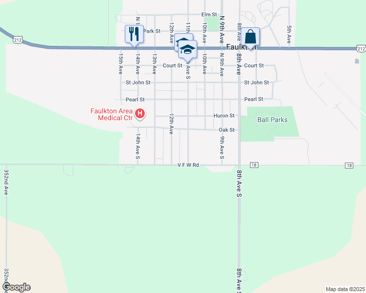 map of restaurants, bars, coffee shops, grocery stores, and more near 710 11th Avenue South in Faulkton