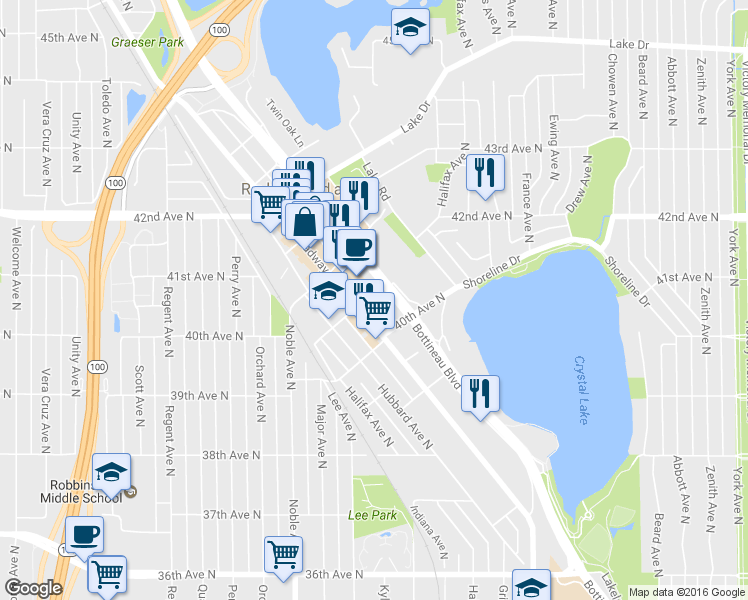 map of restaurants, bars, coffee shops, grocery stores, and more near 4032 West Broadway Avenue in Robbinsdale