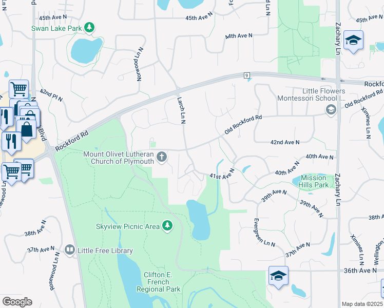 map of restaurants, bars, coffee shops, grocery stores, and more near 12080 41st Avenue North in Minneapolis