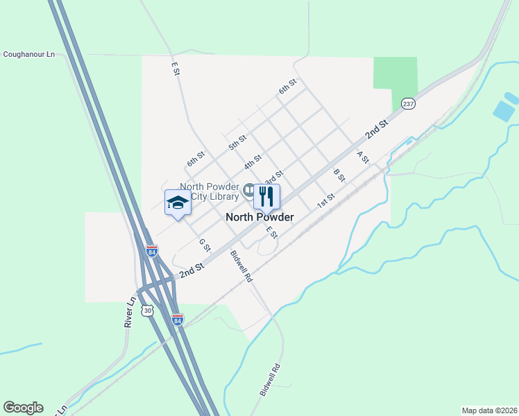 map of restaurants, bars, coffee shops, grocery stores, and more near 230 E Street in North Powder
