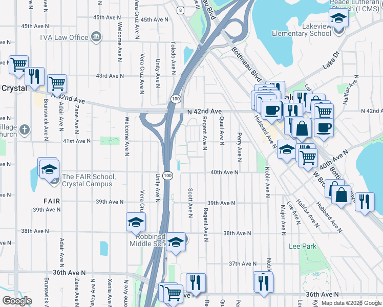 map of restaurants, bars, coffee shops, grocery stores, and more near 4020 Scott Avenue North in Robbinsdale