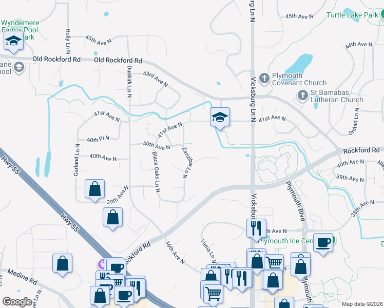 map of restaurants, bars, coffee shops, grocery stores, and more near 3965 Zanzibar Lane North in Plymouth