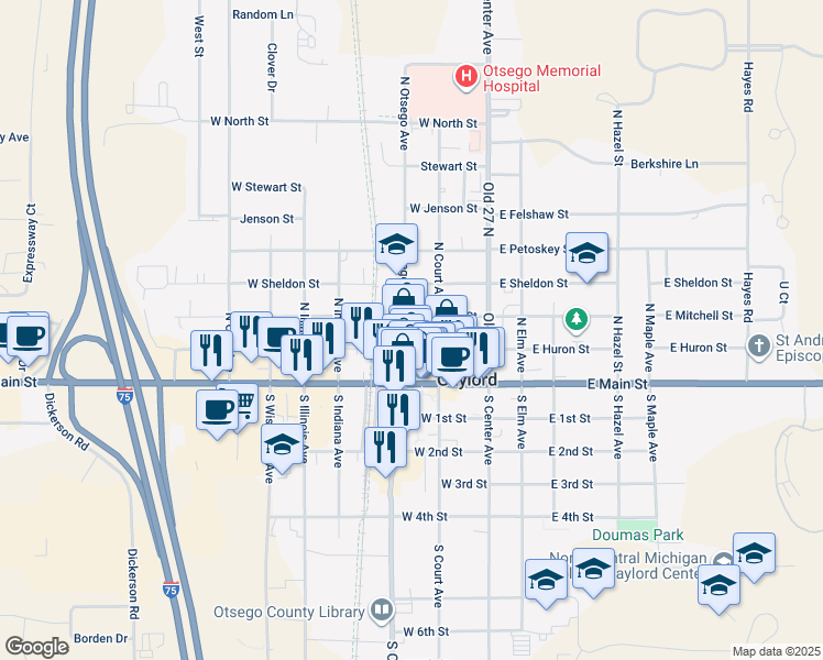 map of restaurants, bars, coffee shops, grocery stores, and more near 144 North Otsego Avenue in Gaylord
