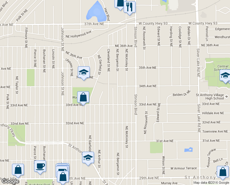 map of restaurants, bars, coffee shops, grocery stores, and more near 3330 Benjamin Street Northeast in Minneapolis