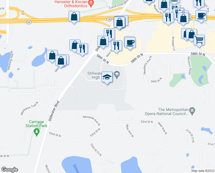 map of restaurants, bars, coffee shops, grocery stores, and more near 5701 Stillwater Boulevard in Stillwater