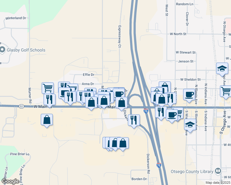 map of restaurants, bars, coffee shops, grocery stores, and more near 1062 Michigan 32 in Gaylord