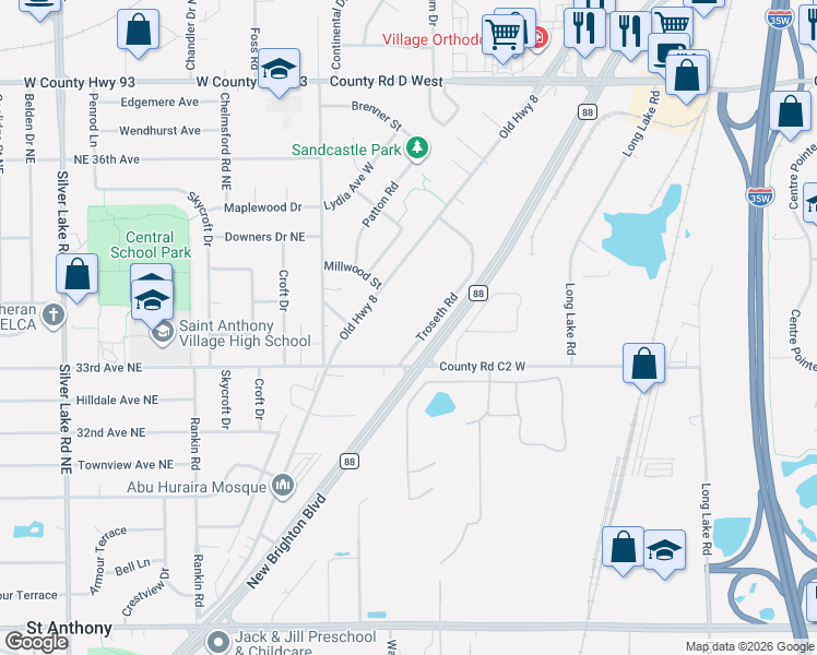 map of restaurants, bars, coffee shops, grocery stores, and more near 2911 Troseth Road in Roseville