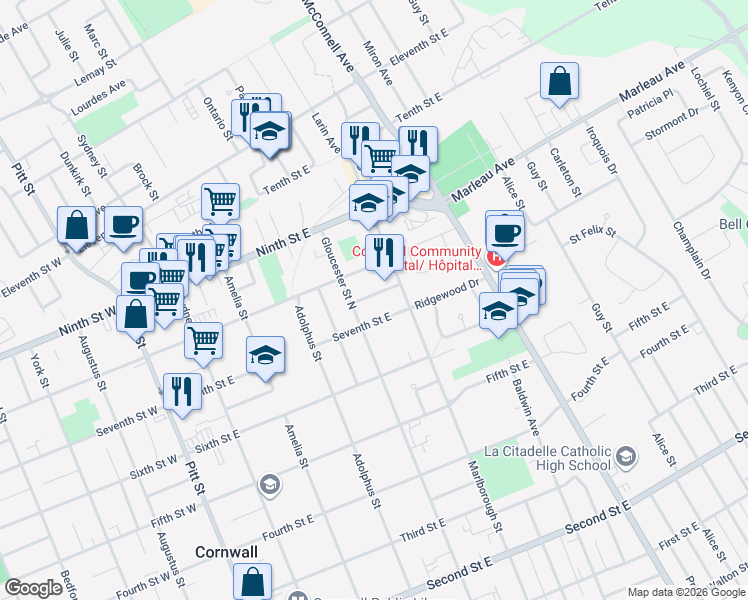 map of restaurants, bars, coffee shops, grocery stores, and more near 414 Gillespie Avenue in Cornwall