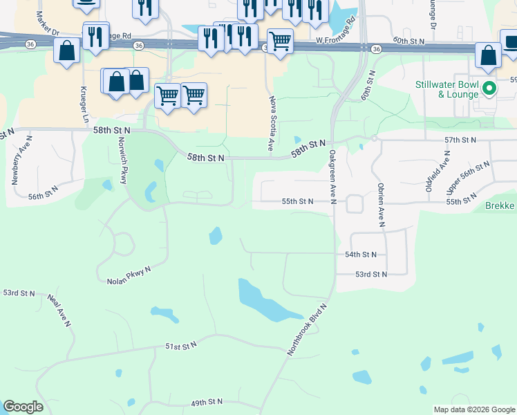 map of restaurants, bars, coffee shops, grocery stores, and more near 13767 55th Street North in Stillwater