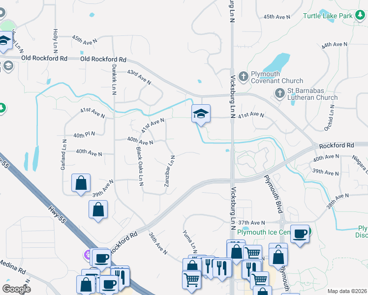 map of restaurants, bars, coffee shops, grocery stores, and more near 16205 39th Place North in Minneapolis
