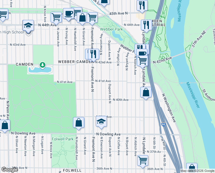map of restaurants, bars, coffee shops, grocery stores, and more near 4024 North Emerson Avenue in Minneapolis
