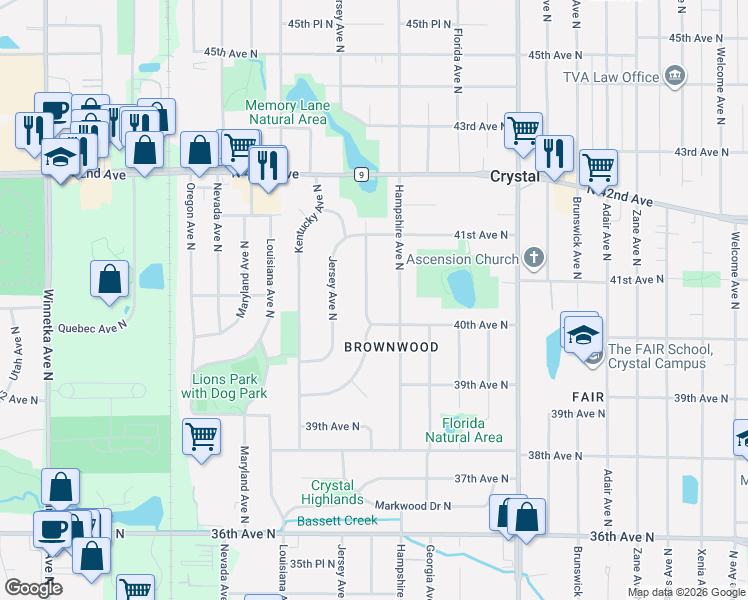 map of restaurants, bars, coffee shops, grocery stores, and more near 6710 40th Avenue North in Minneapolis