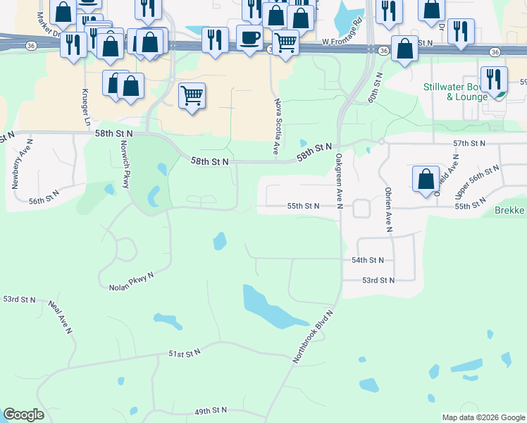 map of restaurants, bars, coffee shops, grocery stores, and more near 13767 55th Street North in Stillwater