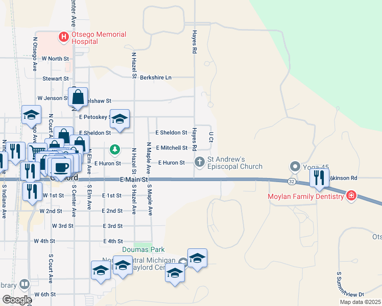map of restaurants, bars, coffee shops, grocery stores, and more near 579-581 East Huron Street in Gaylord