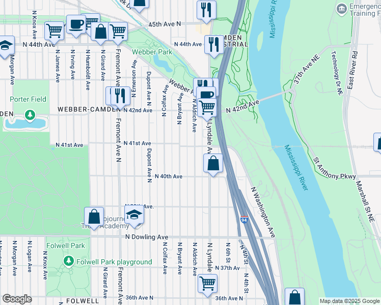 map of restaurants, bars, coffee shops, grocery stores, and more near 4031 North Aldrich Avenue in Minneapolis