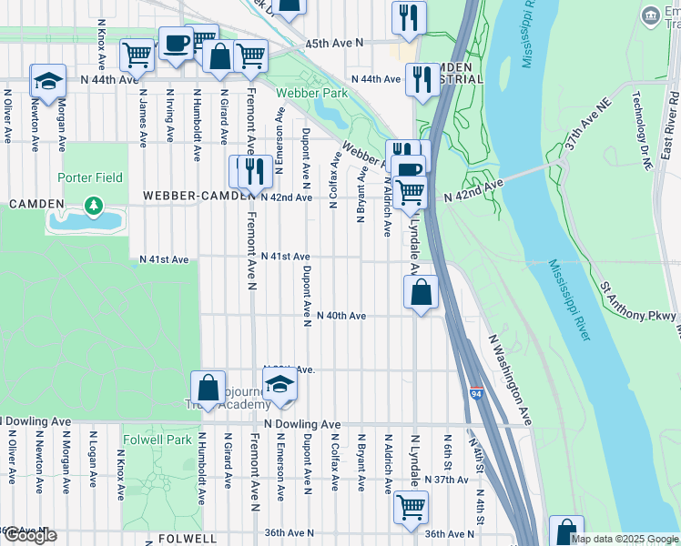 map of restaurants, bars, coffee shops, grocery stores, and more near 4023 North Bryant Avenue in Minneapolis