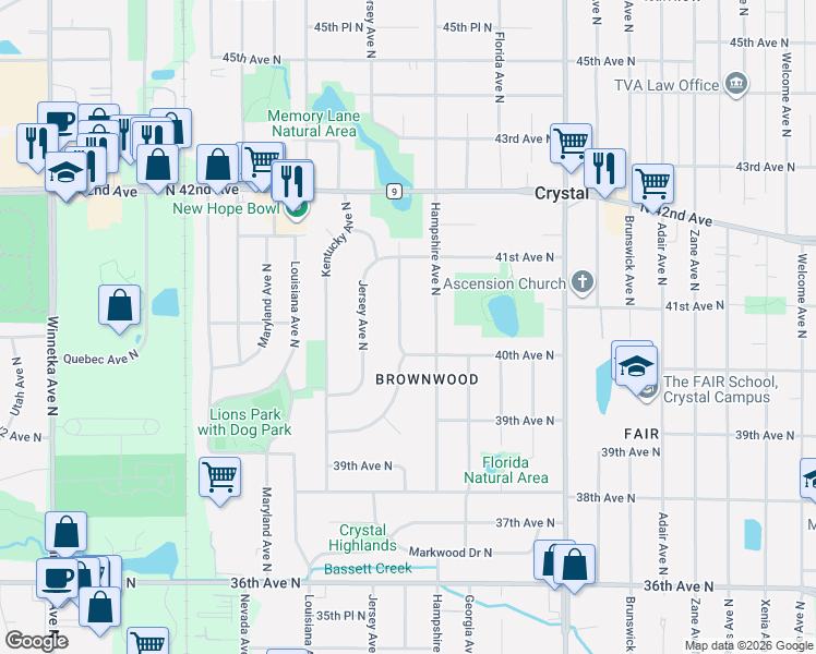 map of restaurants, bars, coffee shops, grocery stores, and more near 6710 40th Avenue North in Minneapolis