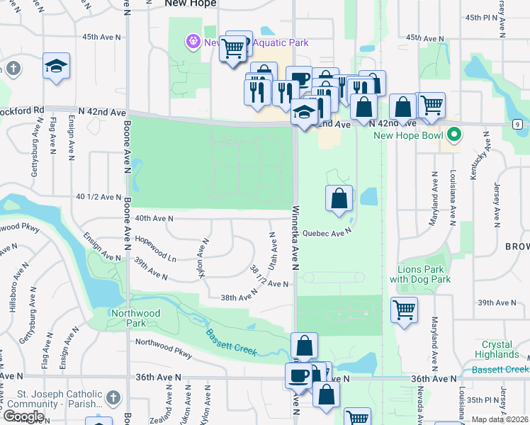 map of restaurants, bars, coffee shops, grocery stores, and more near 8009 40th Avenue North in Minneapolis