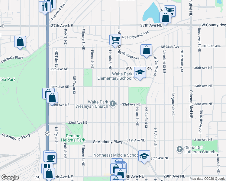 map of restaurants, bars, coffee shops, grocery stores, and more near 3326 Lincoln Street Northeast in Minneapolis