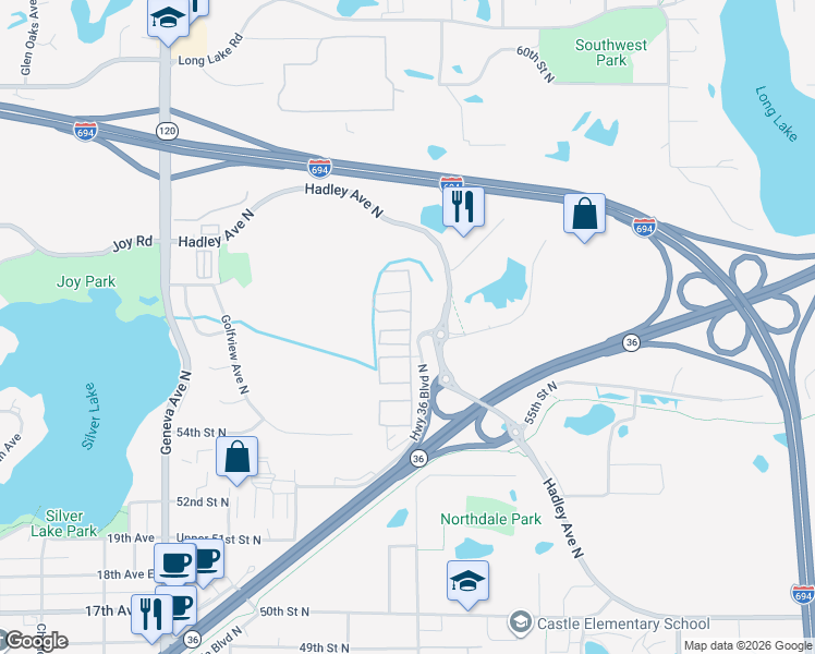 map of restaurants, bars, coffee shops, grocery stores, and more near 6489 Upper 55th Street North in Oakdale