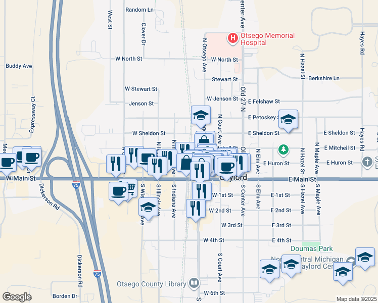 map of restaurants, bars, coffee shops, grocery stores, and more near 403 West Mitchell Street in Gaylord