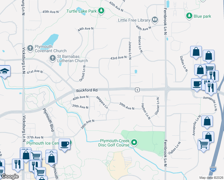 map of restaurants, bars, coffee shops, grocery stores, and more near County Road 9 in Minneapolis