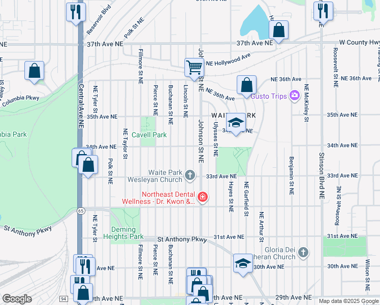 map of restaurants, bars, coffee shops, grocery stores, and more near 3349 Lincoln Street Northeast in Minneapolis