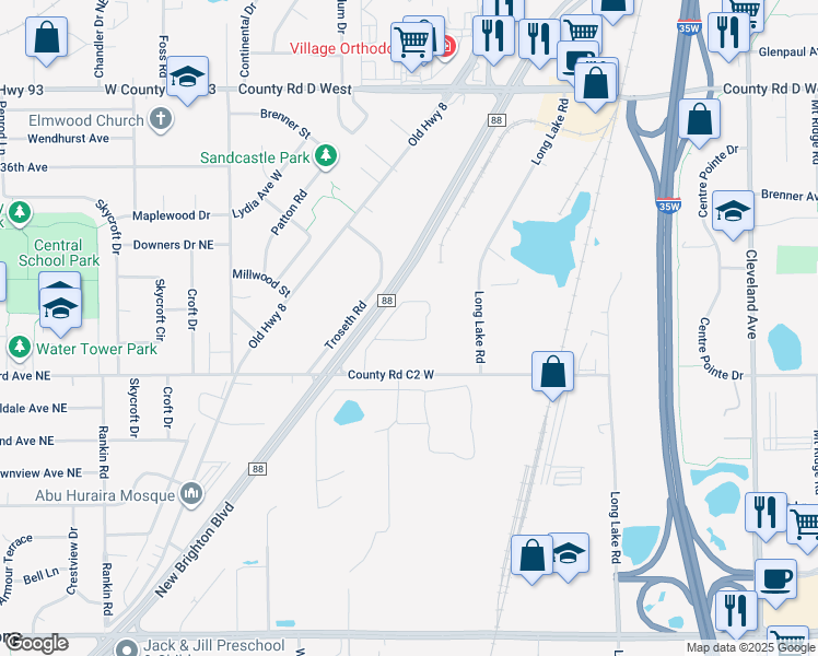 map of restaurants, bars, coffee shops, grocery stores, and more near 2373 County Road C2 West in Roseville