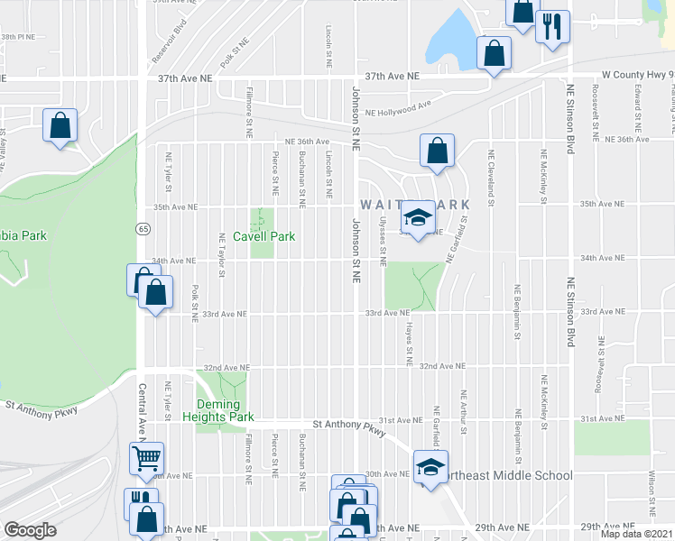 map of restaurants, bars, coffee shops, grocery stores, and more near 3326 Lincoln Street Northeast in Minneapolis
