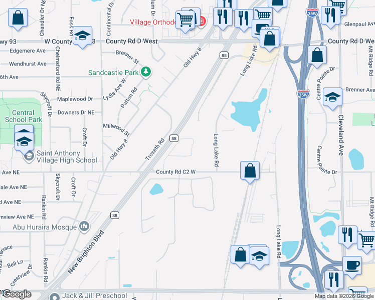 map of restaurants, bars, coffee shops, grocery stores, and more near 2425 County Road C2 West in Saint Paul